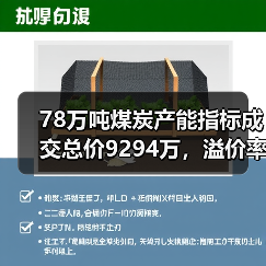 78万吨煤炭产能指标成交总价9294万,溢价率超73%(图1) 78万吨煤炭产能指标成交总价9294万,溢价率超73%(图1)